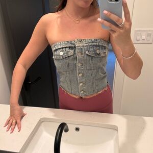 Denim button up strapless top
